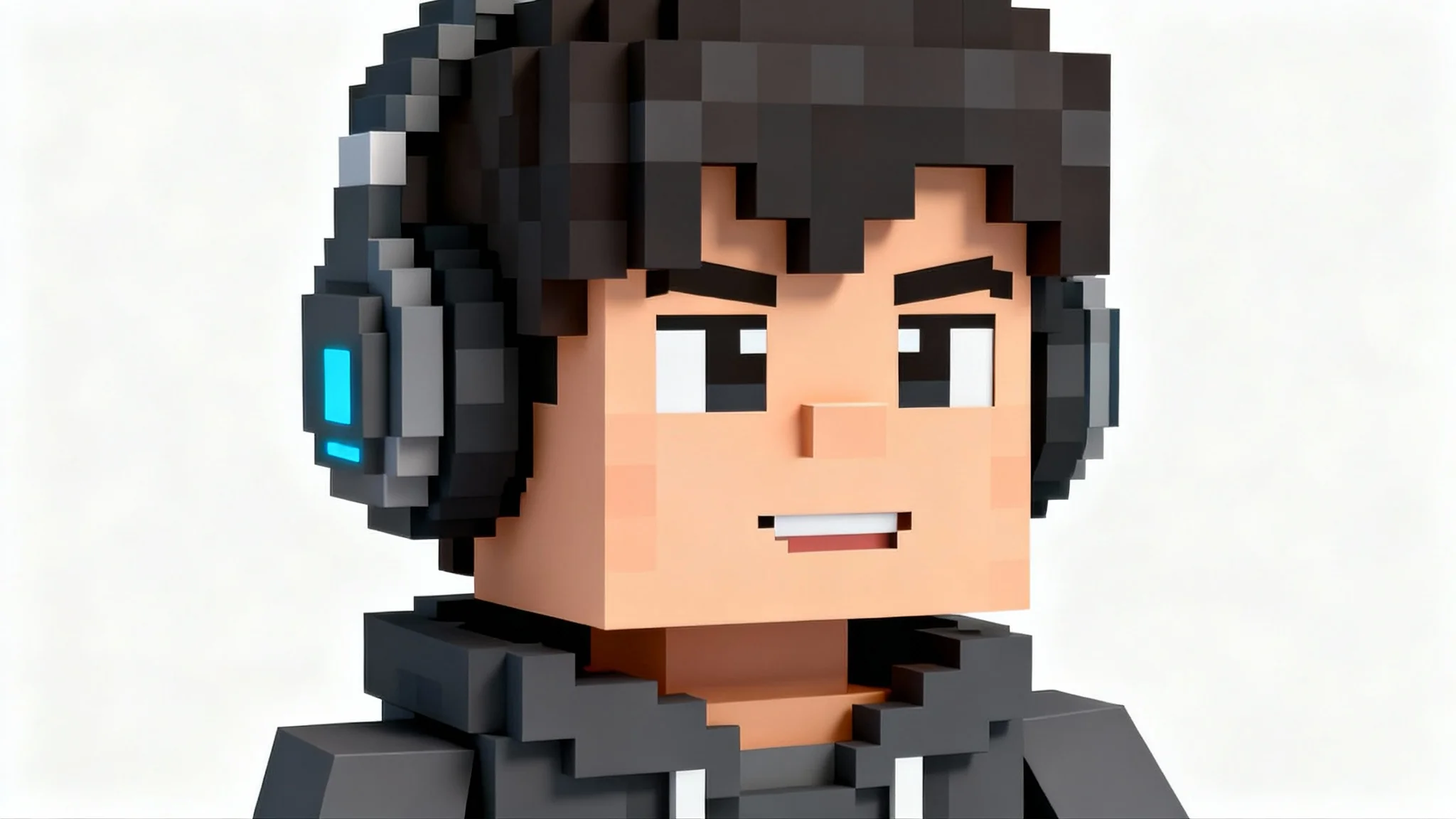 A 3D voxel art mockup of a custom Minecraft profile picture, showing a character with dark hair, a gray hoodie, and glowing blue headphones against a white background.