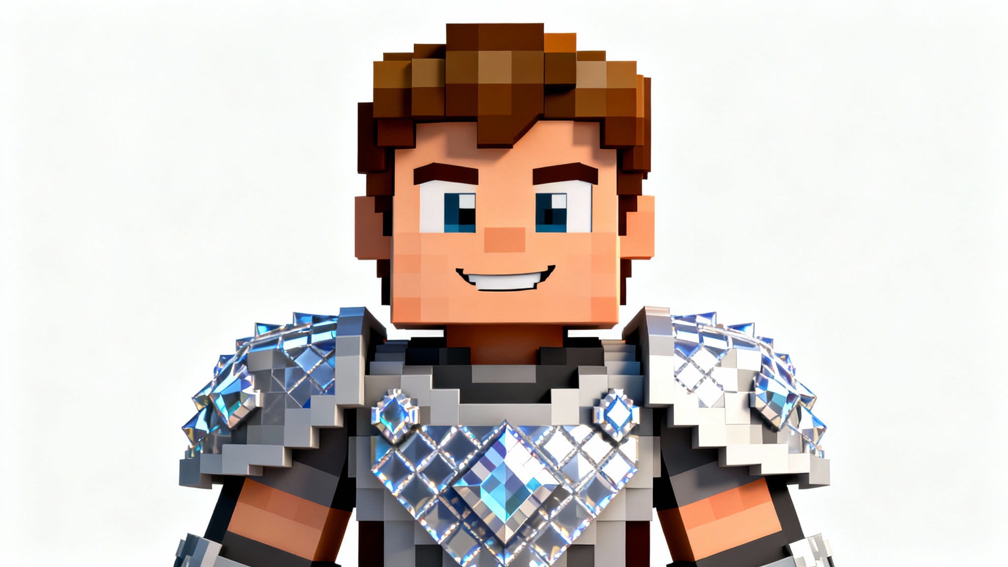 A 3D rendered, blocky Minecraft character PFP from the chest up, wearing shiny diamond armor and smirking, set against a solid white background.
