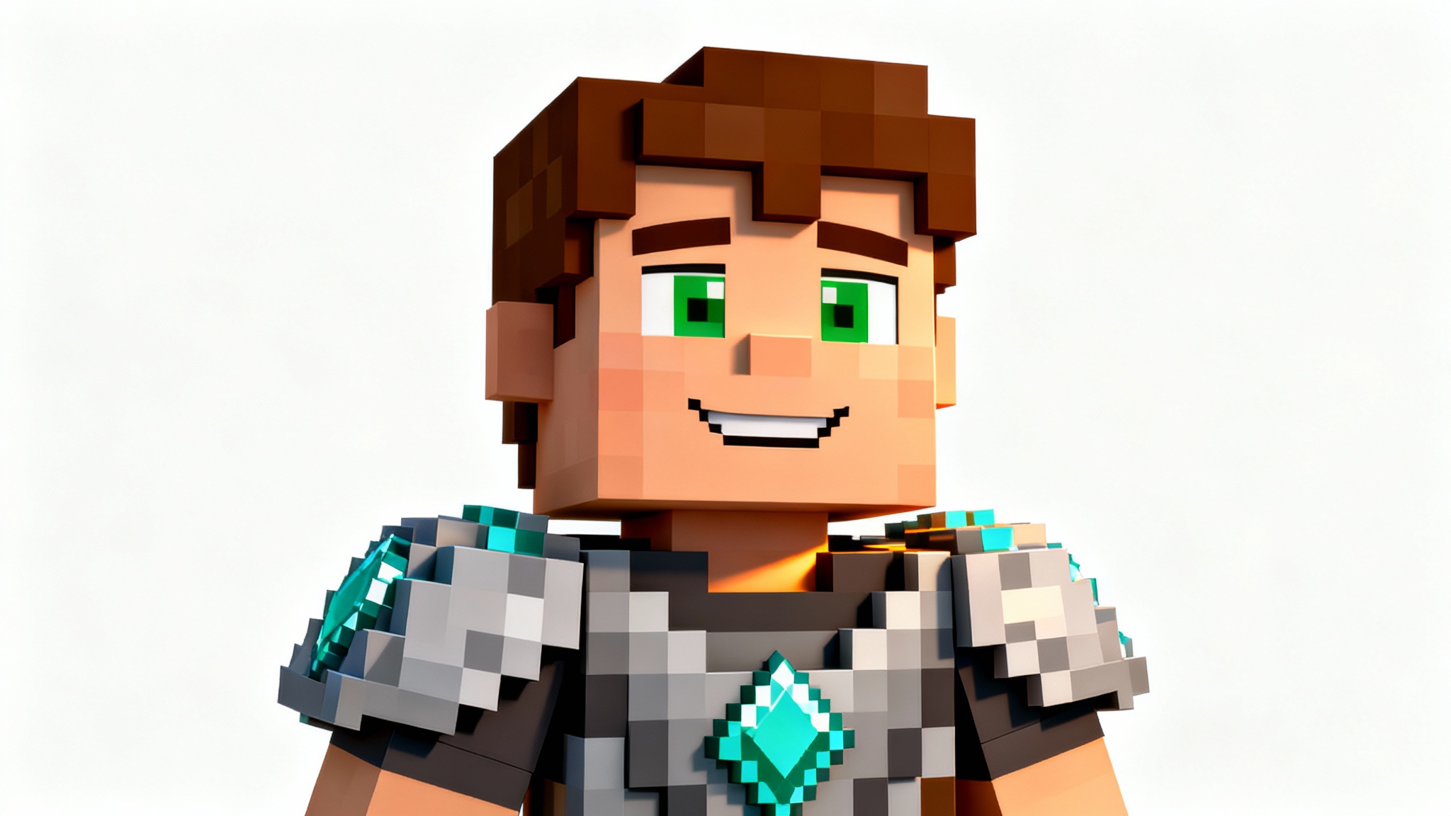 A 3D voxel-style profile picture of a Minecraft character with brown hair and green eyes, wearing diamond armor, set against a plain white background.