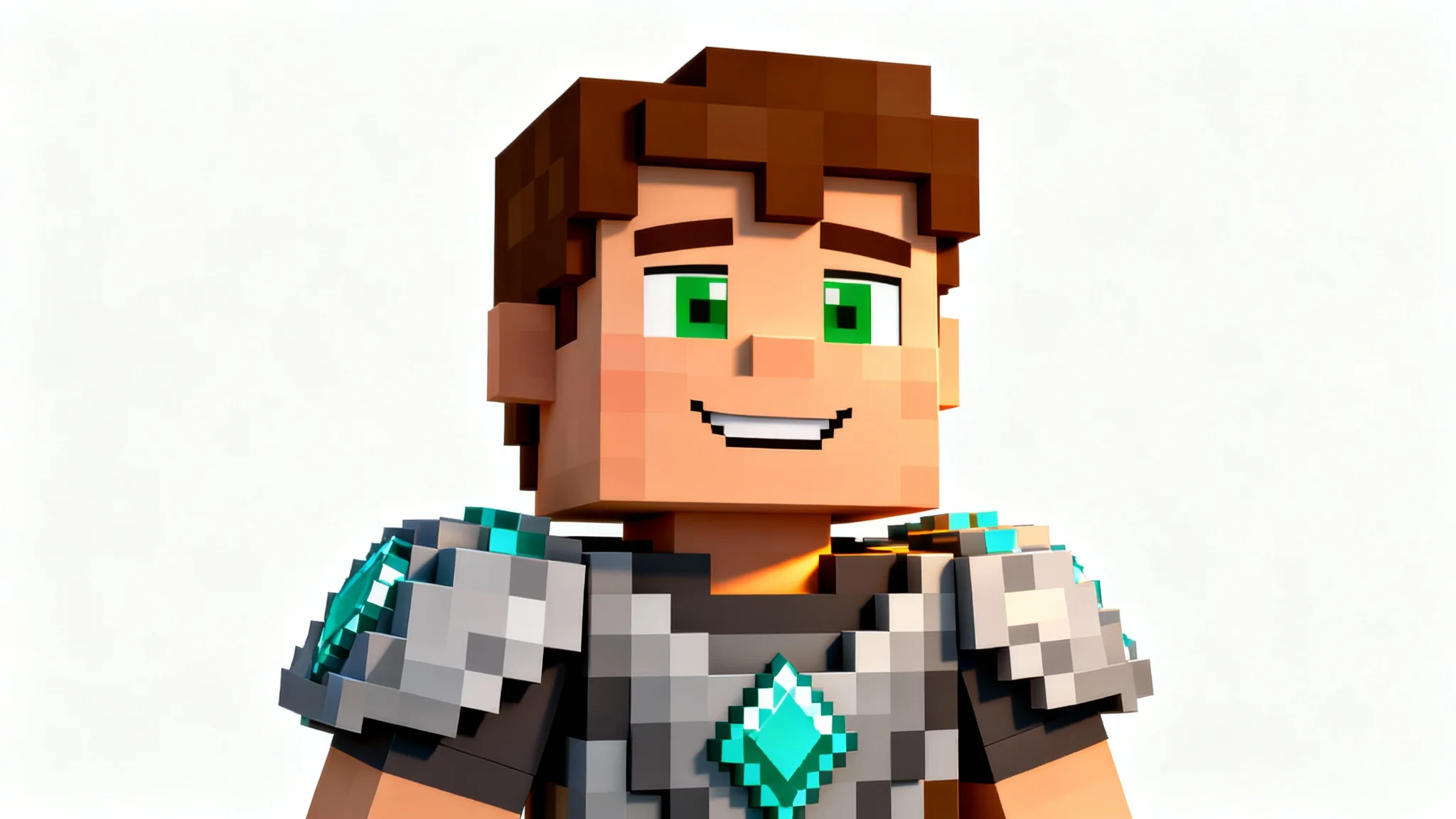 A 3D voxel-style profile picture of a Minecraft character with brown hair and green eyes, wearing diamond armor, set against a plain white background.