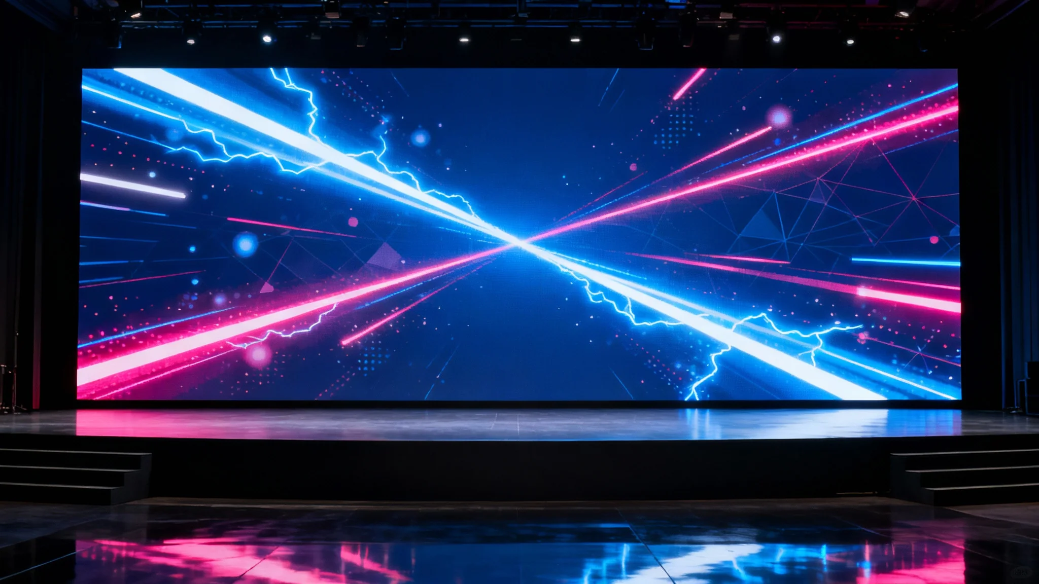 A modern event stage dominated by a large LED screen showing a dynamic abstract background design with glowing beams of blue and magenta light.