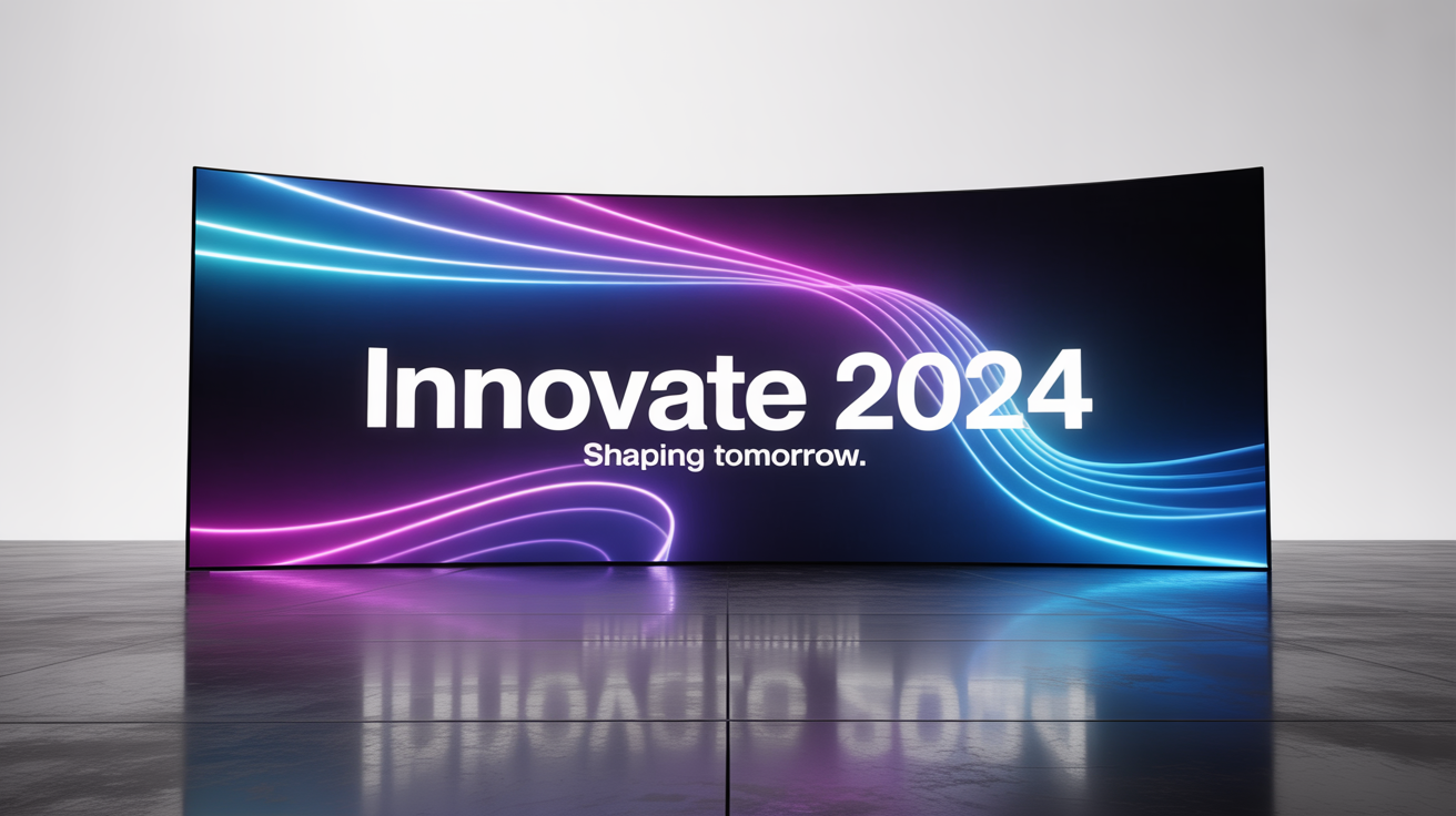 A mockup of a wide LED stage background for the 'INNOVATE 2024' conference, showing an abstract design of glowing blue and purple geometric lines on a minimalist stage, isolated against a white background.