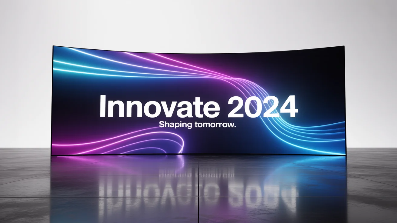 A mockup of a wide LED stage background for the 'INNOVATE 2024' conference, showing an abstract design of glowing blue and purple geometric lines on a minimalist stage, isolated against a white background.