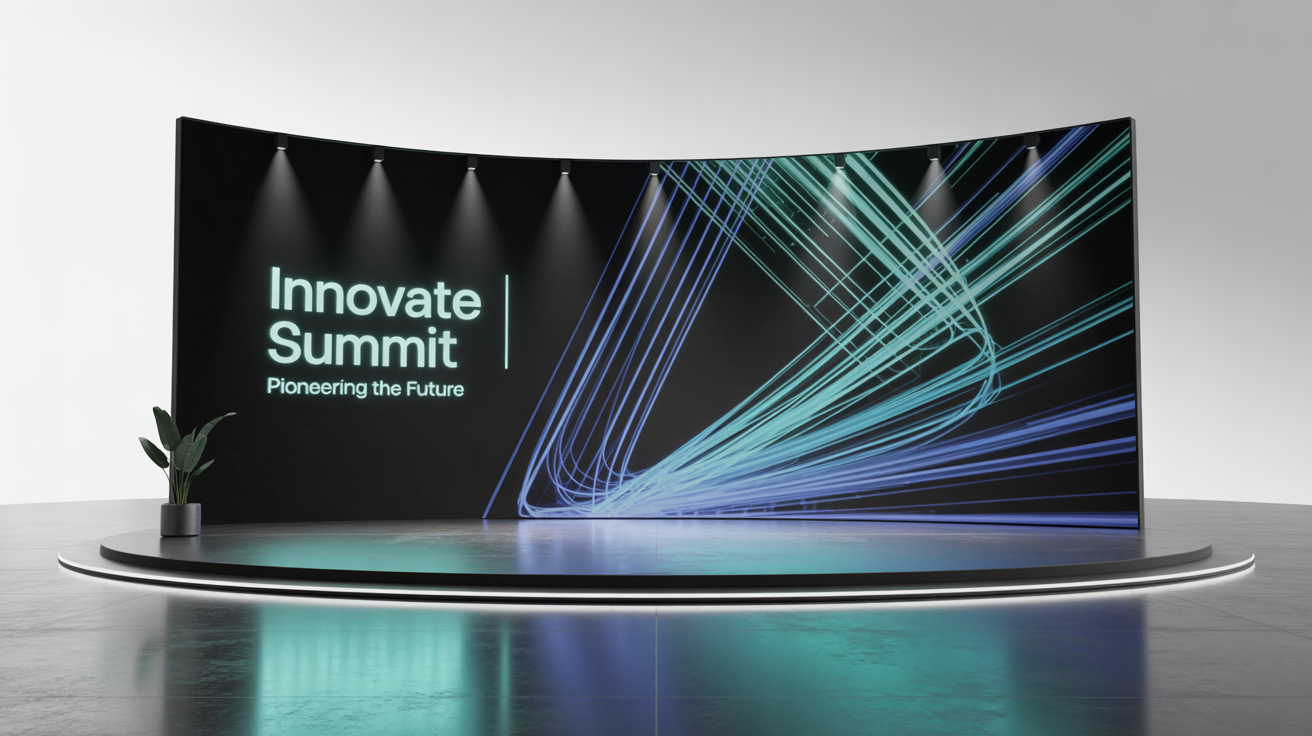 A mockup of a modern stage background for a technology conference, featuring a large LED screen with the text 'INNOVATE SUMMIT' against a clean white background.