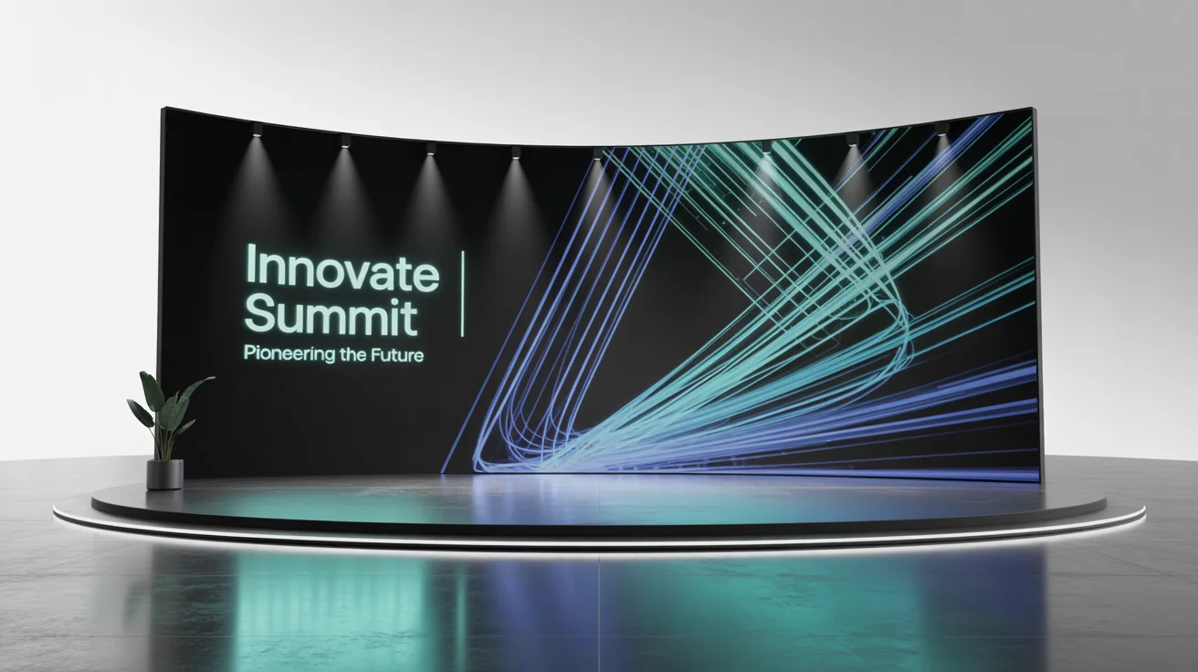 A mockup of a modern stage background for a technology conference, featuring a large LED screen with the text 'INNOVATE SUMMIT' against a clean white background.