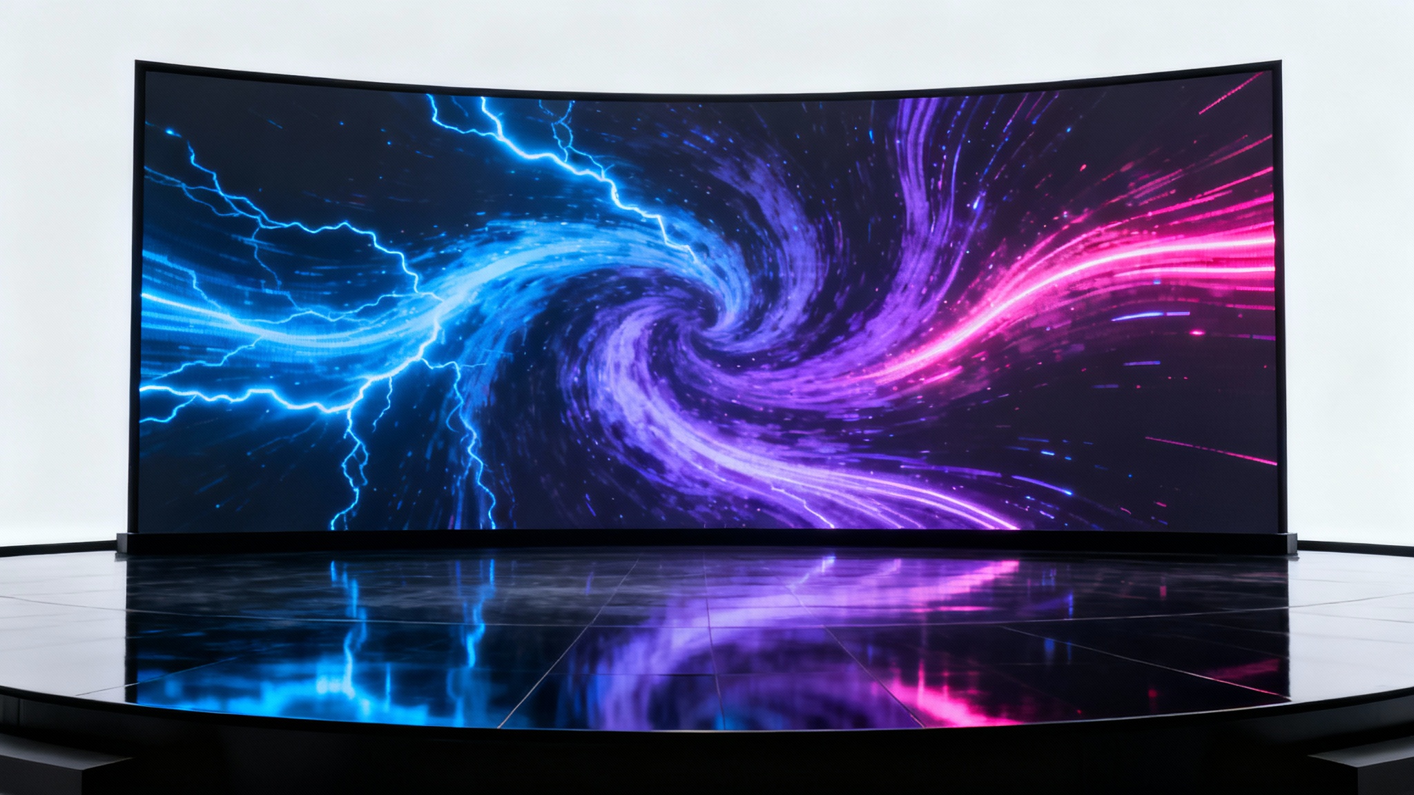 A mockup of a professional stage background featuring a large LED screen with a vibrant, abstract blue and purple light display, set against a clean white background.