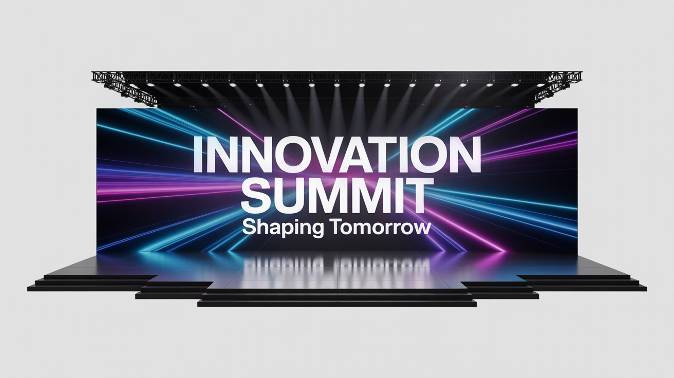 A professional mockup of a modern corporate event stage featuring a large LED screen background with abstract blue and purple graphics and the text 'INNOVATION SUMMIT'.