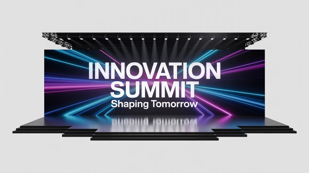 A professional mockup of a modern corporate event stage featuring a large LED screen background with abstract blue and purple graphics and the text 'INNOVATION SUMMIT'.