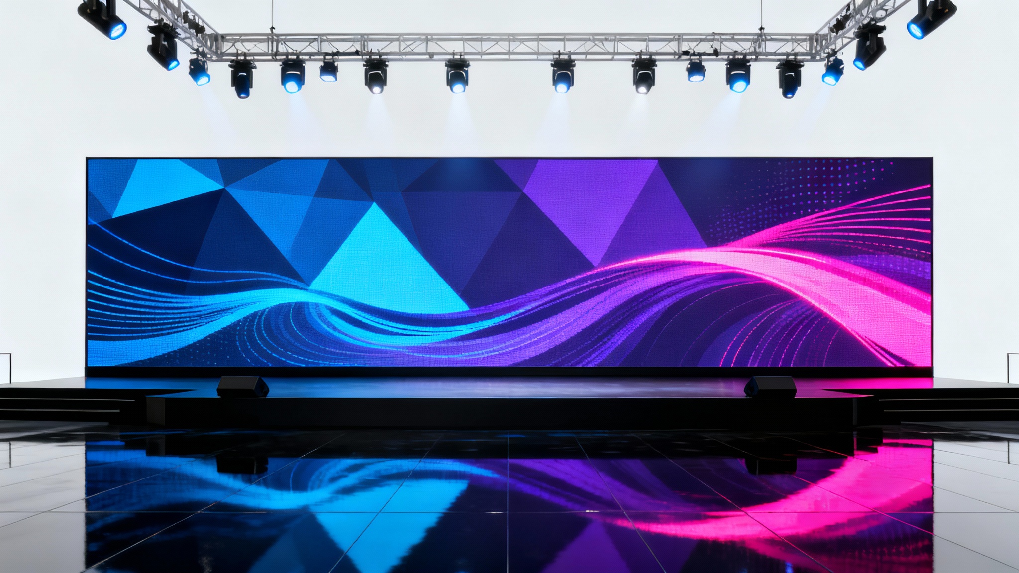 A photorealistic mockup of a modern, empty stage with a large LED screen background displaying a vibrant abstract design in blue and purple, set against a plain white background.