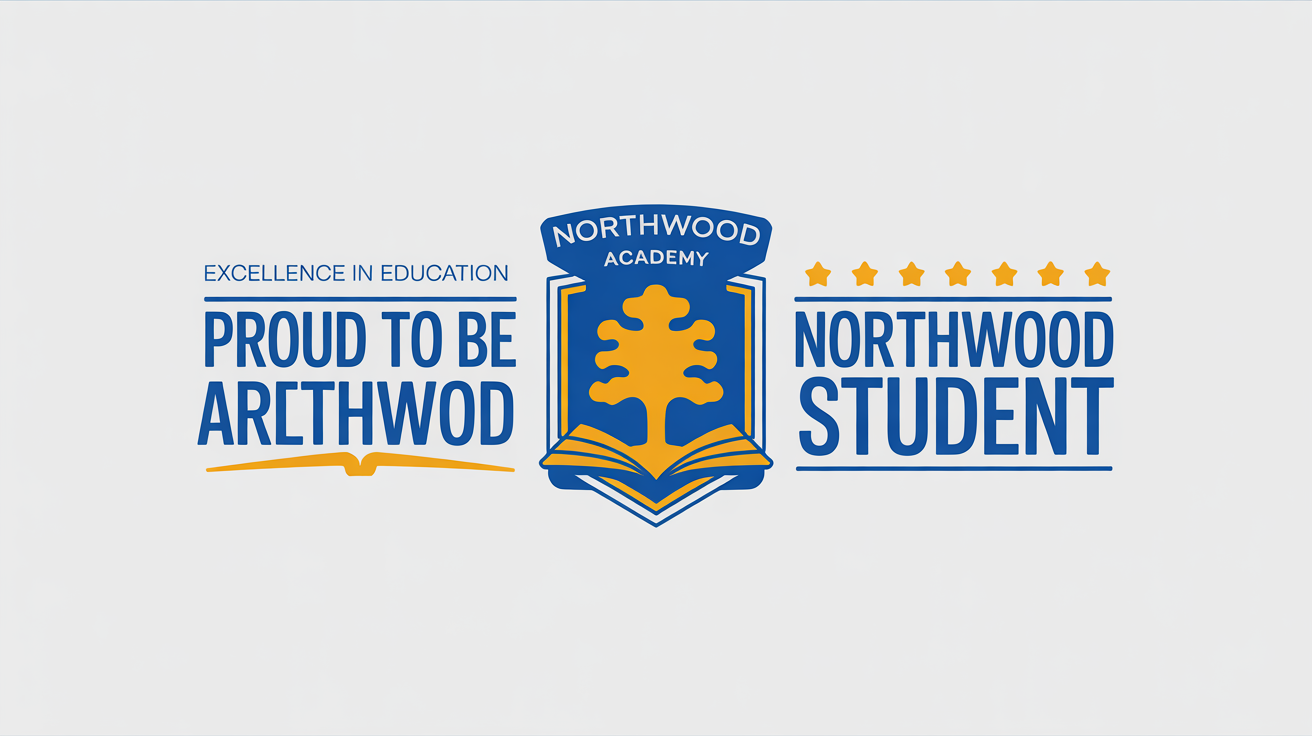 A professionally designed school banner for 'Northwood Academy' in blue and gold, featuring the text 'Excellence in Education' and graphic elements like stars and a book, displayed on a white background.