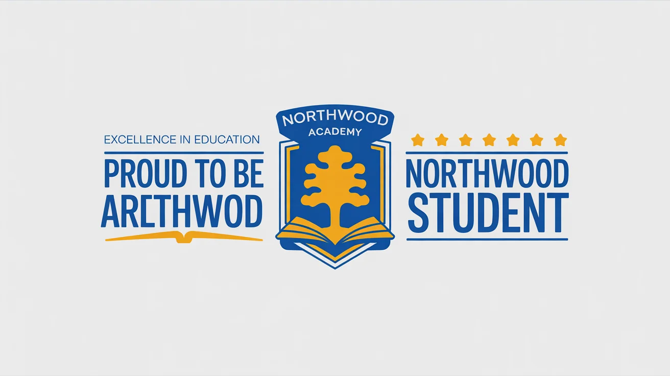 A professionally designed school banner for 'Northwood Academy' in blue and gold, featuring the text 'Excellence in Education' and graphic elements like stars and a book, displayed on a white background.