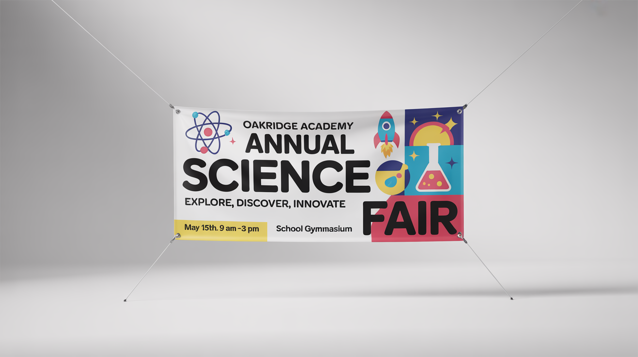 A vibrant and professional school banner mockup for the 'Oakridge Academy Annual Science Fair', featuring colorful science-themed graphics and event details, displayed against a plain white background.
