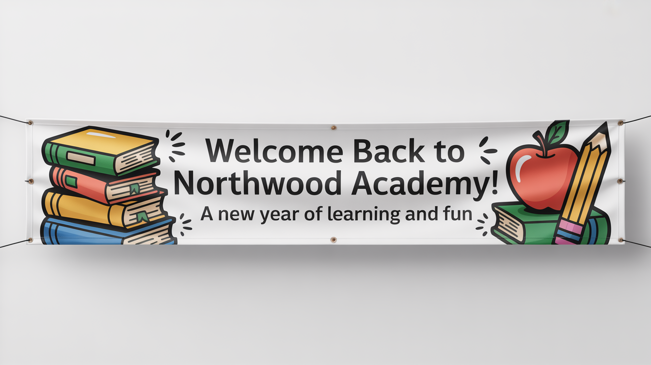 A colorful school banner mockup against a white background, with text that reads 'Welcome Back to Northwood Academy! A New Year of Learning and Fun'.