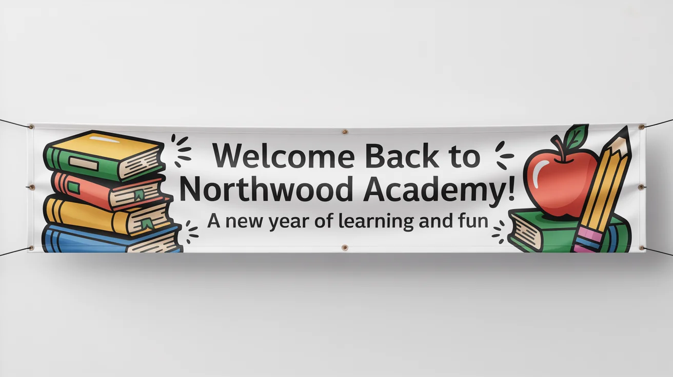 A colorful school banner mockup against a white background, with text that reads 'Welcome Back to Northwood Academy! A New Year of Learning and Fun'.