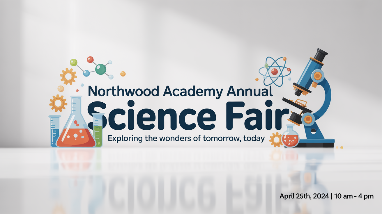 A mockup of a school banner for the 'Northwood Academy Annual Science Fair', featuring scientific illustrations and event details against a white background.
