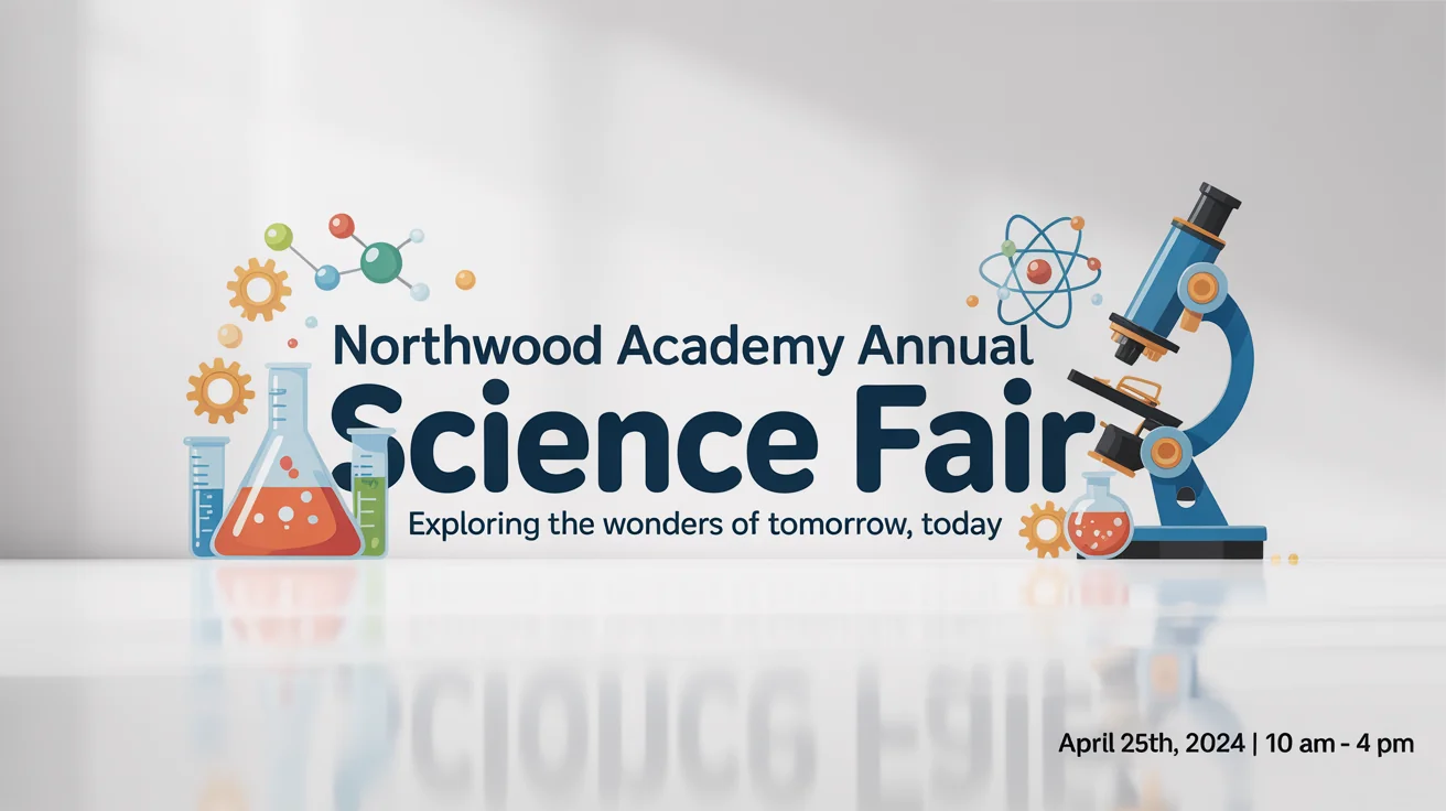 A mockup of a school banner for the 'Northwood Academy Annual Science Fair', featuring scientific illustrations and event details against a white background.