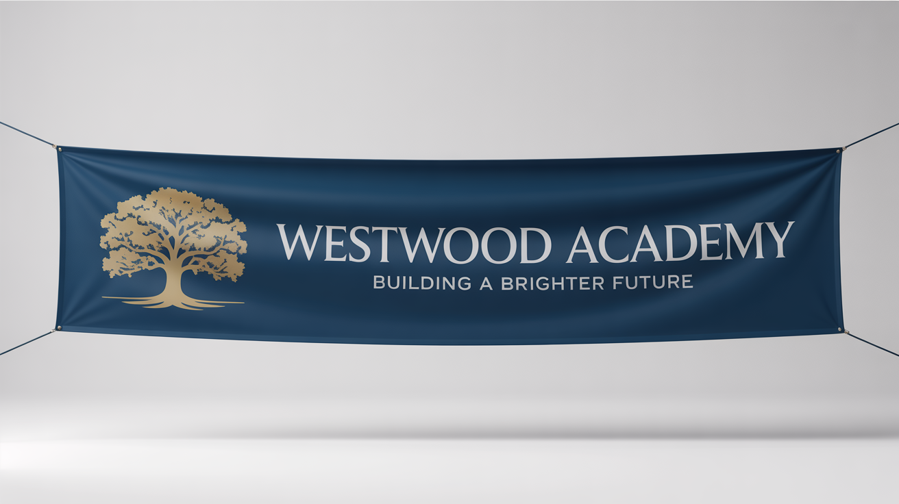 A professionally designed school banner mockup for 'Westwood Academy', featuring a navy blue background, gold and white text, and a golden oak tree logo.