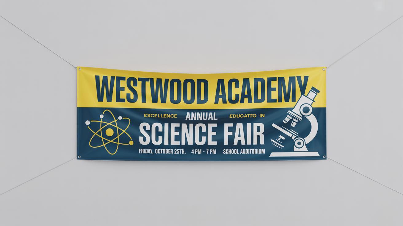 A modern school banner for 'Westwood Academy' announcing their 'Annual Science Fair' on 'Friday, October 25th'. The banner is blue, yellow, and white, with icons of an atom and a microscope.