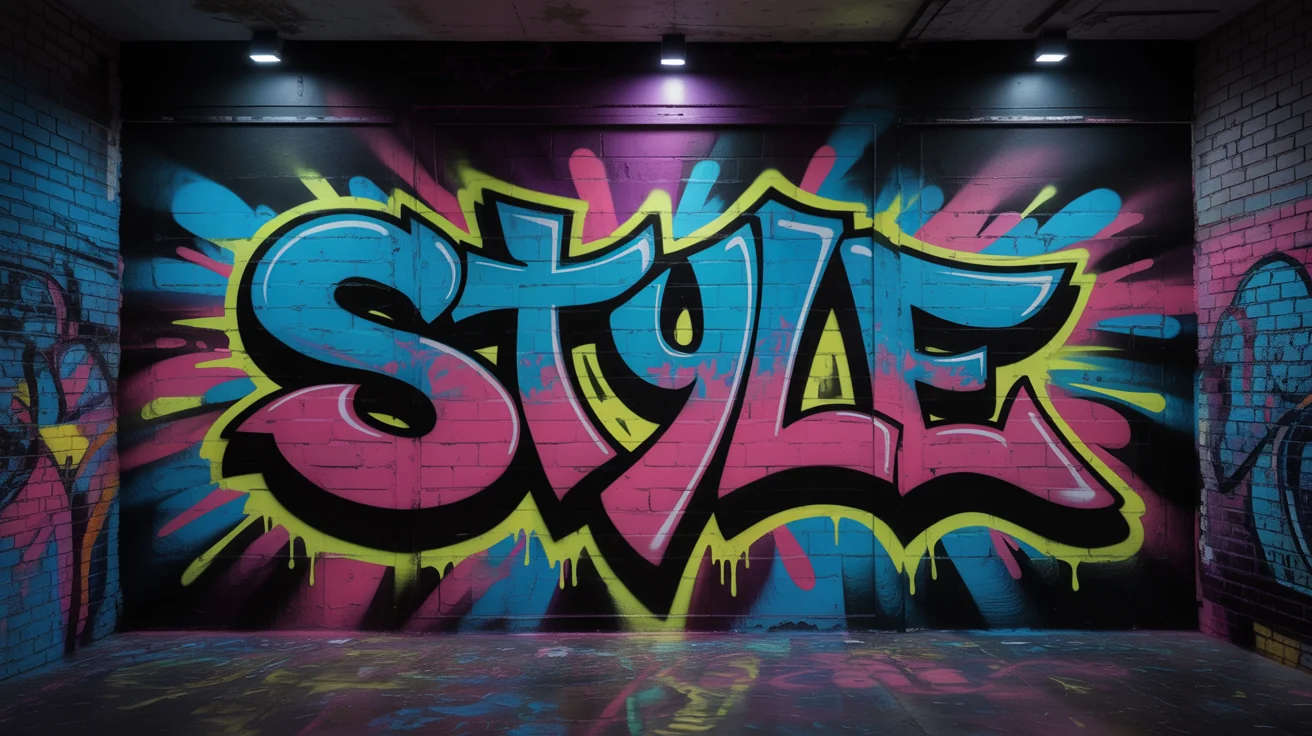An eye-catching piece of wildstyle graffiti art on a dark brick wall, spelling out the word 'STYLE' in vibrant, stylized 3D letters of blue, pink, and green.