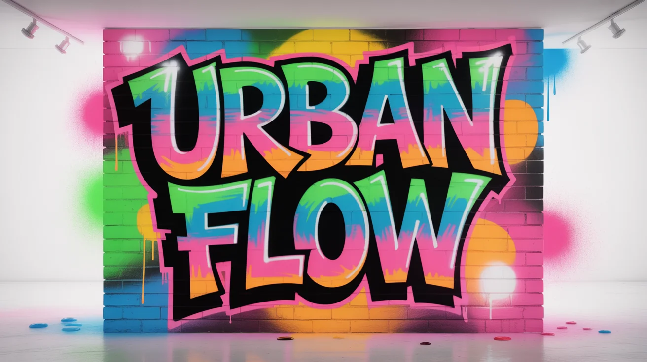 A vibrant graffiti mural on a brick wall. The words 'URBAN FLOW' are written in a colorful, stylized wildstyle font with neon pink, blue, and green.