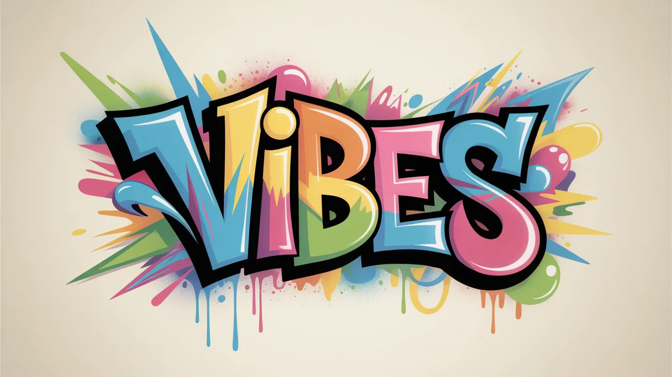 A vibrant graffiti art piece featuring the word 'VIBES' in a colorful 3D wildstyle font, set against a clean white background. The artwork is full of energy with bright blues, pinks, and yellows.