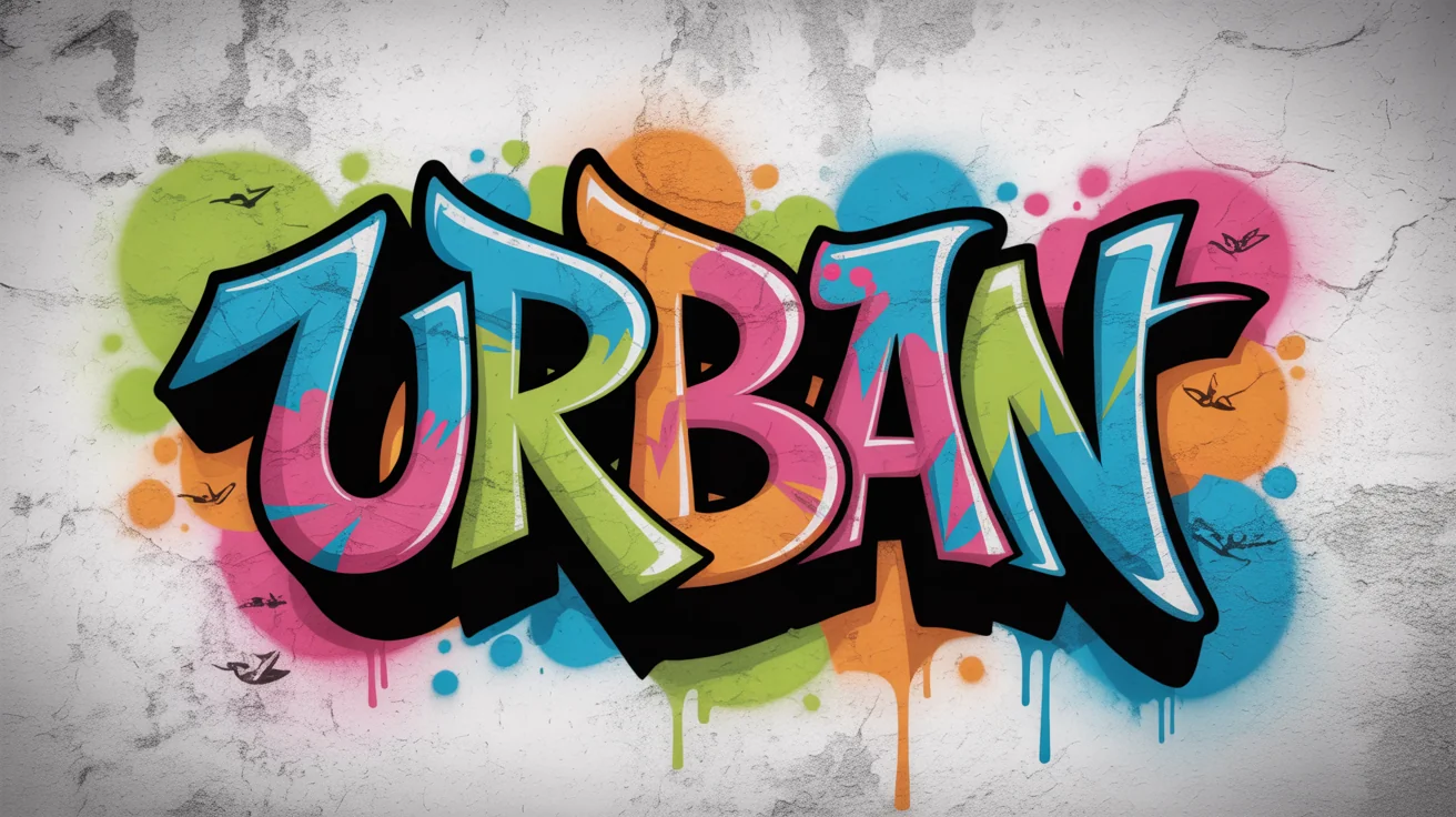 A photorealistic mockup of a vibrant graffiti art piece spelling 'URBAN' in multi-colored 3D letters on a concrete wall, set against a plain white background.