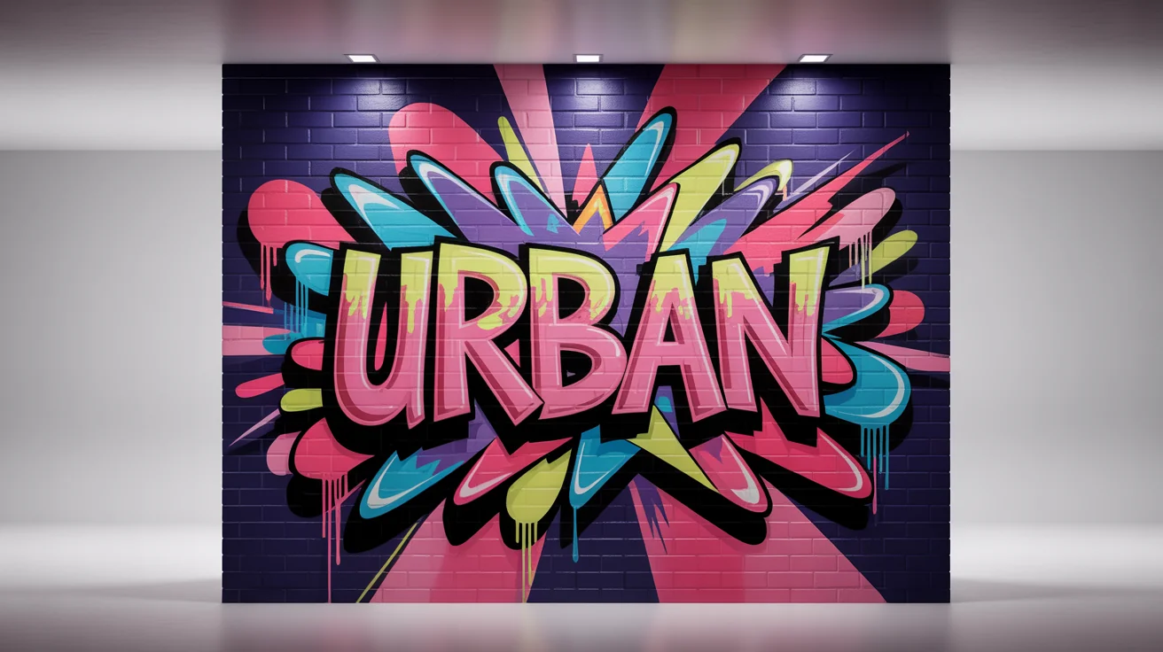 A vibrant graffiti art mural featuring the word 'URBAN' on a brick wall section, presented as a mockup against a light gray background.