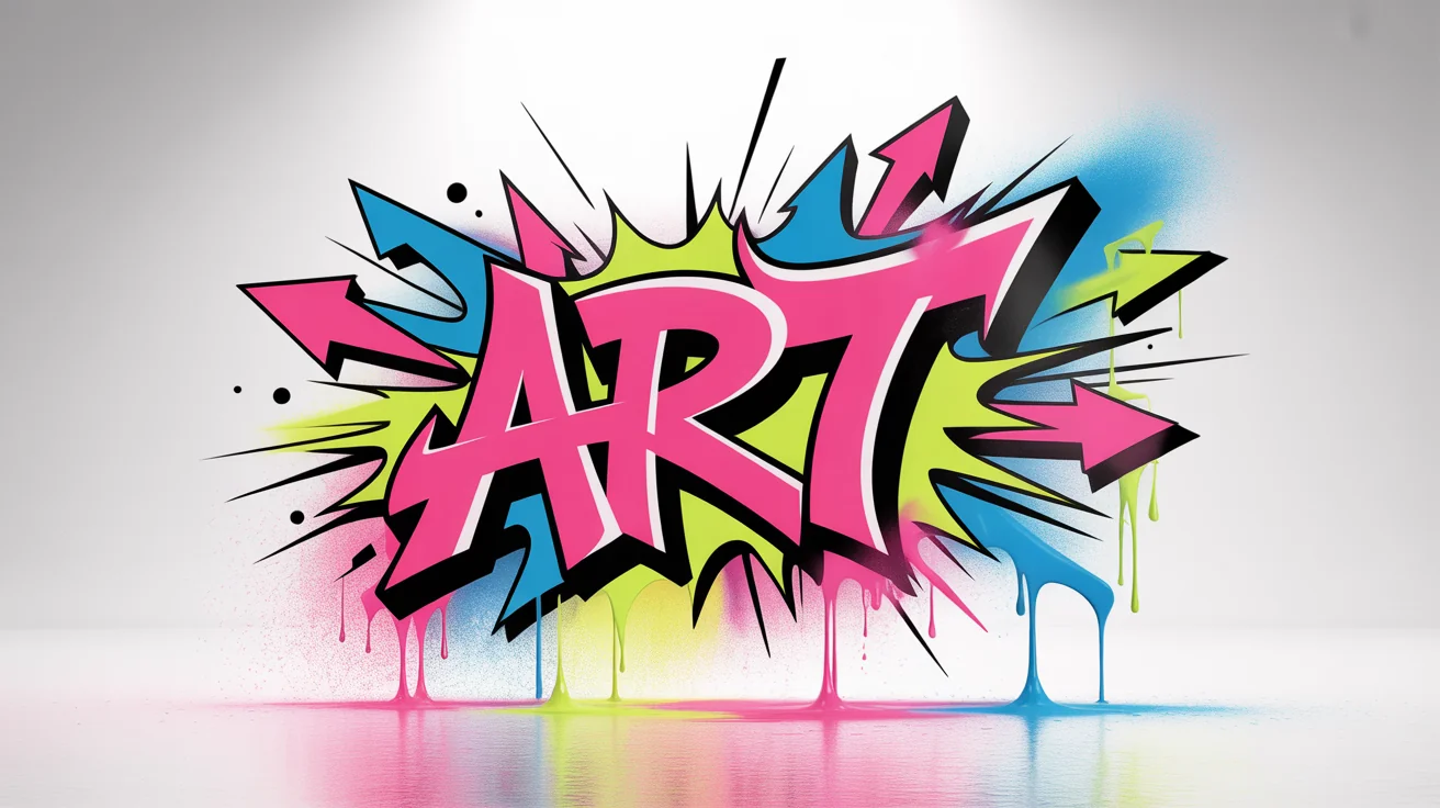 A vibrant graffiti mural spelling out the word 'ART' in a colorful 3D style, set against a clean white background.