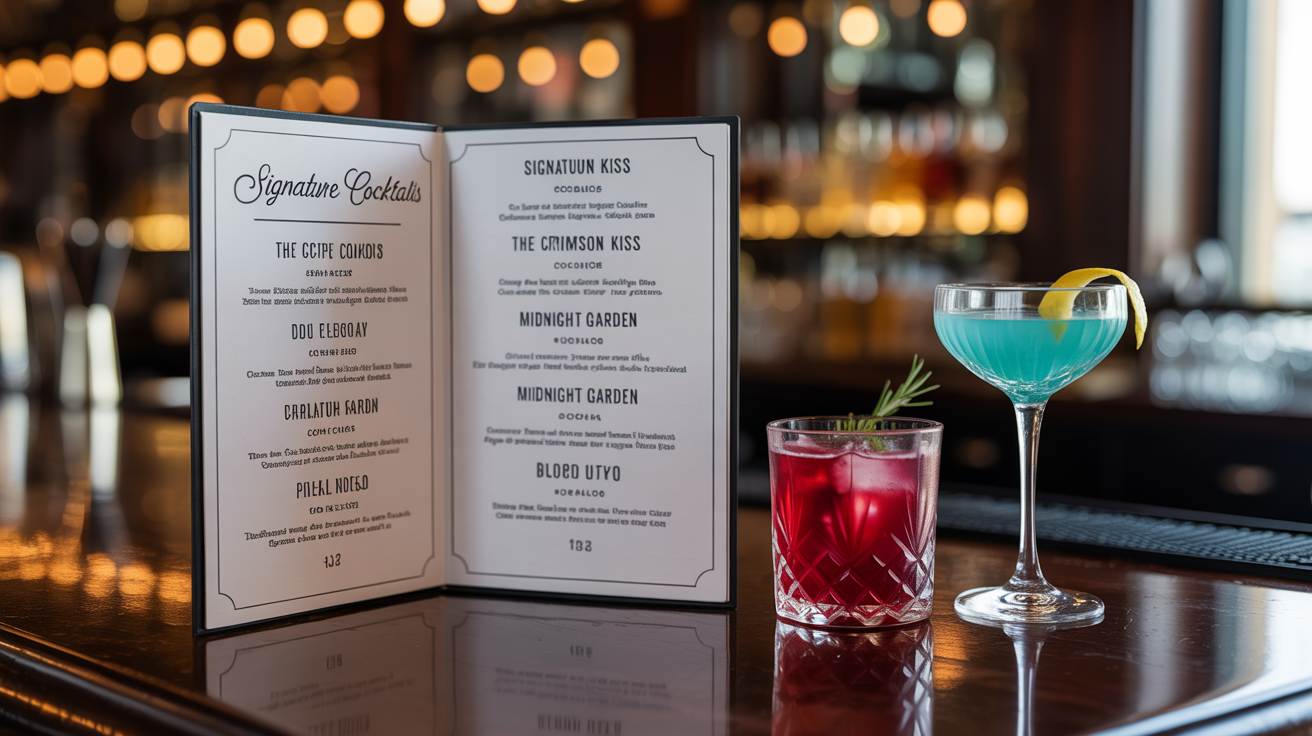 An elegant, professionally designed cocktail menu lying open on a dark wood bar, with two colorful, garnished cocktails placed beside it in a sophisticated, softly lit bar setting.
