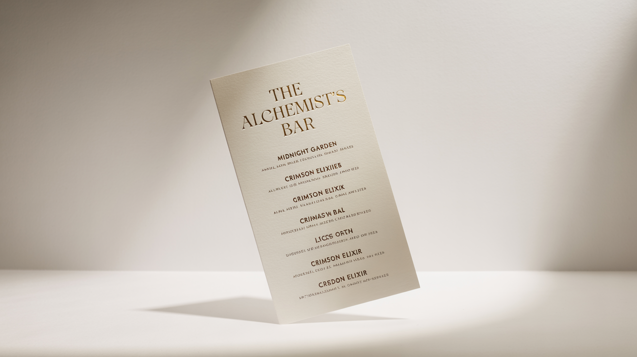A high-end, elegant cocktail menu mockup for 'The Alchemist's Bar' with gold foil lettering, shown at a slight angle on a clean white background.