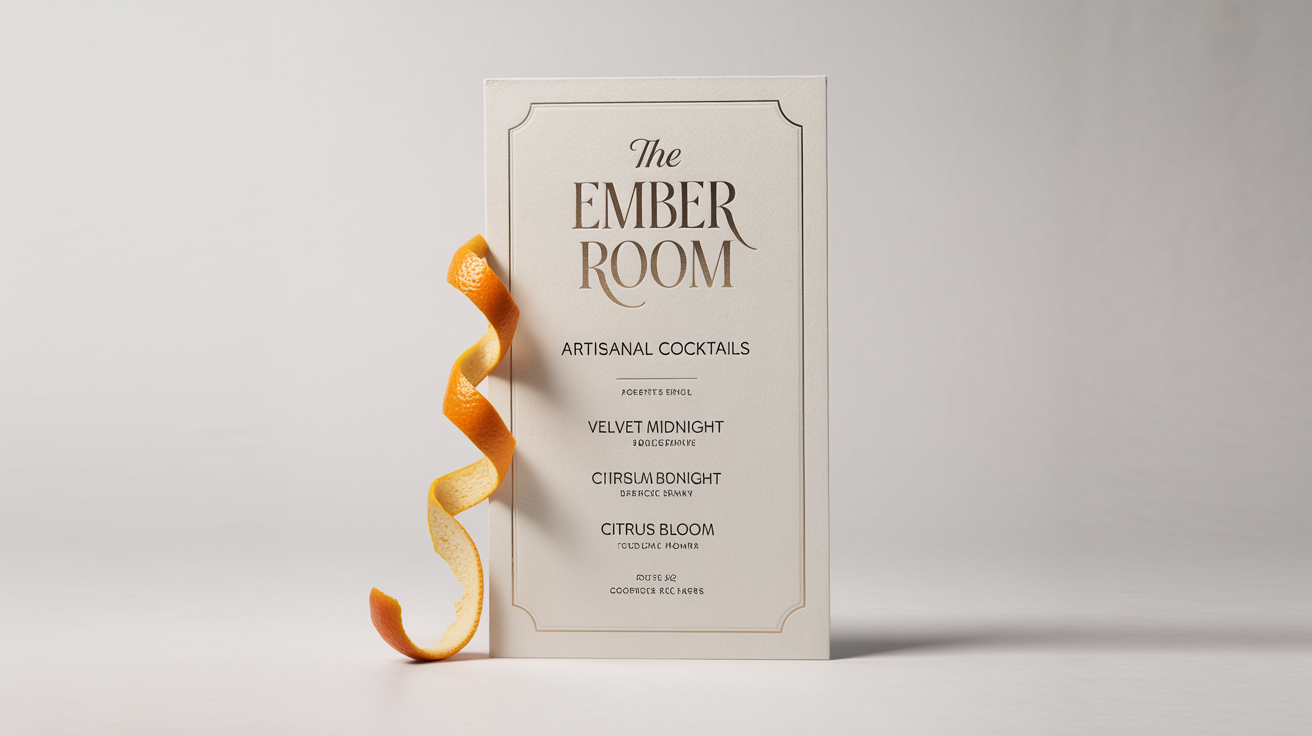 A mockup of a sophisticated and modern cocktail menu titled 'The Ember Room' lying on a clean white background, with a decorative orange peel twist beside it.