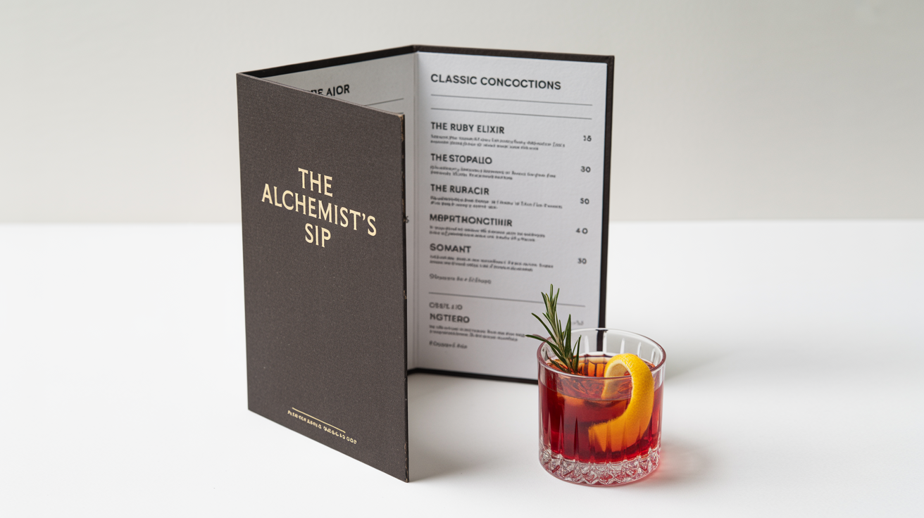 An elegant, dark cocktail menu with gold text reading 'The Alchemist's Sip' sits on a white surface next to a craft cocktail in a crystal glass, against a clean white background.