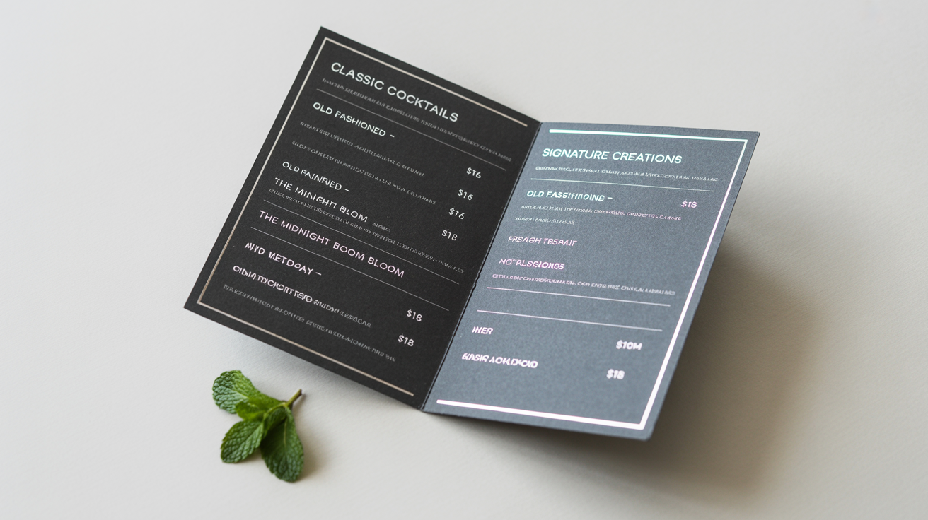 An elegant, open charcoal-gray cocktail menu with white text, displaying classic and signature drinks. The menu lies on a white background next to a fresh sprig of mint.
