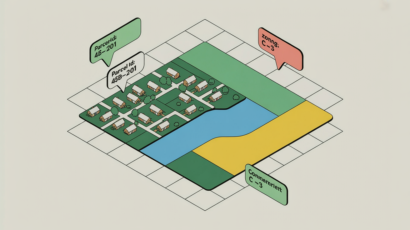 A dynamic 3D property boundary map showing colored zones overlaid on a satellite image of a neighborhood. The hero image showcases the final output of a mapping tool, with clear parcel lines and data callouts.