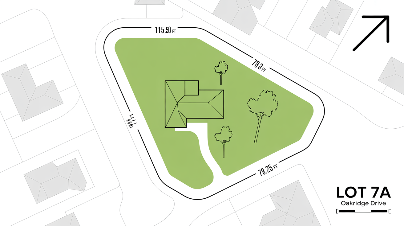 A clean and professional mockup of a property boundary map for a residential lot, showing clear boundary lines with measurements, a house outline, and street names on a white background.