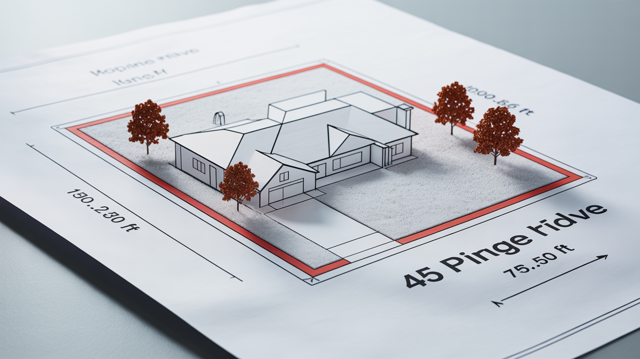 A professional mockup of a property boundary map for a suburban house, displayed on a white background, clearly showing property lines and measurements.