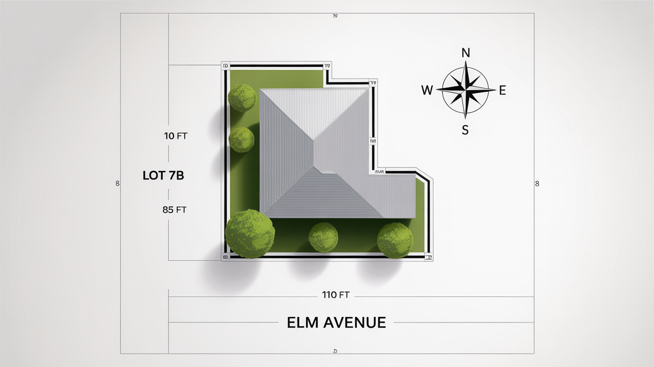 A clear, modern property boundary map on a white background, showing the dimensions and layout of 'LOT 7B' on 'ELM AVENUE' with a simple house and tree icons.