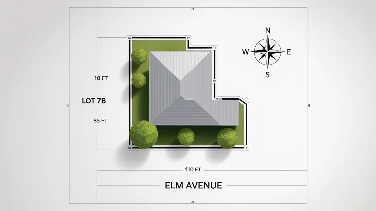 A clear, modern property boundary map on a white background, showing the dimensions and layout of 'LOT 7B' on 'ELM AVENUE' with a simple house and tree icons.