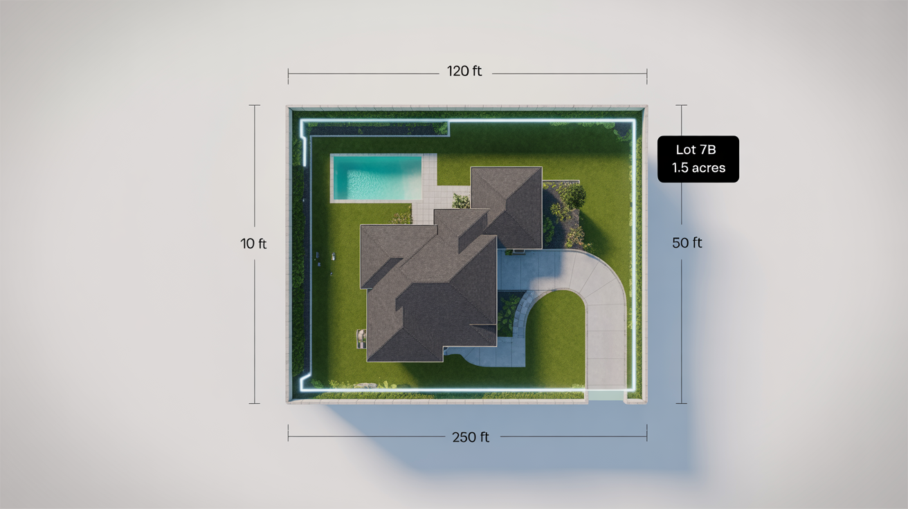 A modern digital property boundary map showing a top-down satellite view of a house and yard. A bright teal line marks the property's perimeter, and text labels indicate dimensions and area.