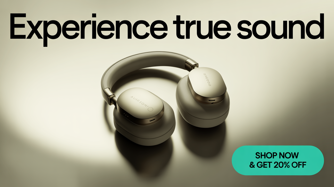 A polished Facebook ad showing a pair of sleek wireless headphones on a clean background, with the text 'Experience True Sound' and a 'Shop Now & Get 20% Off' call-to-action button.