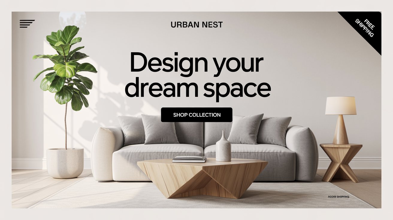 A mockup of a Facebook ad for a furniture brand named 'Urban Nest'. The ad shows a modern living room and includes the headline 'Design Your Dream Space.' with a 'Shop Collection' button, all set against a white background.