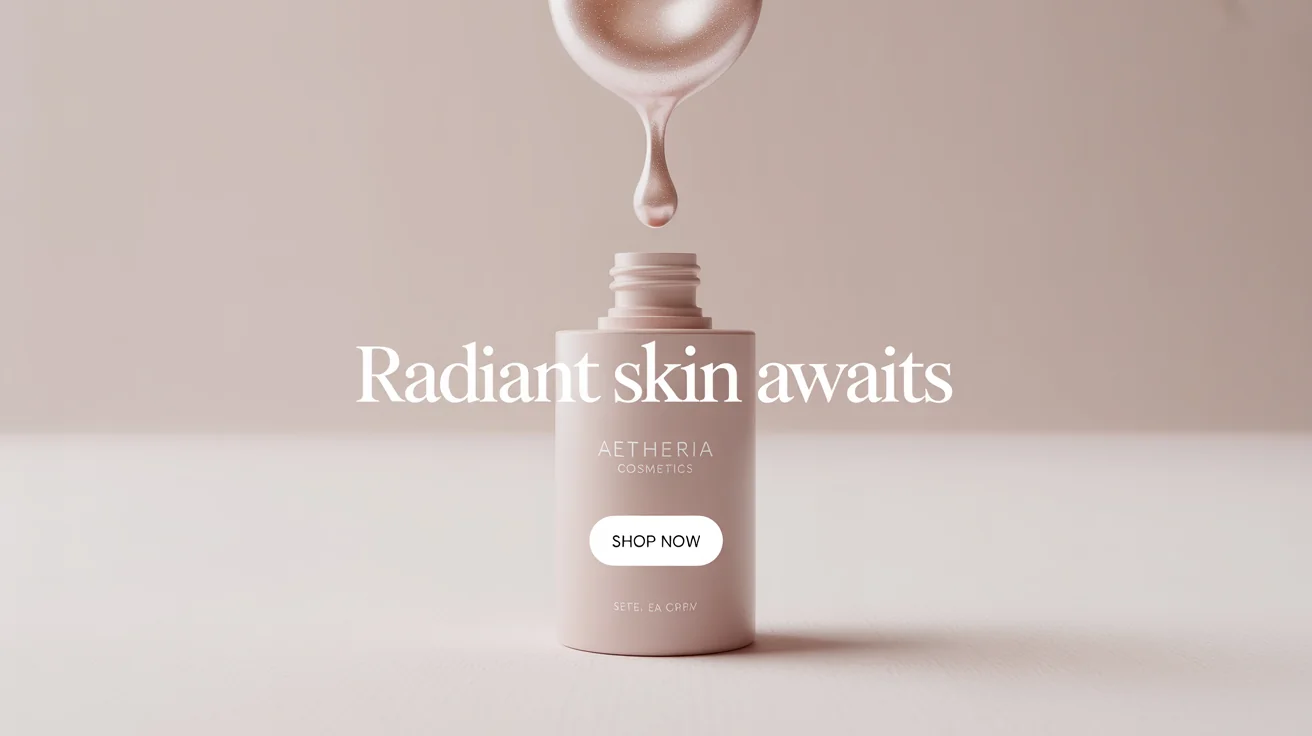 A mockup of a Facebook ad for a skincare product. A sleek blush pink cosmetic bottle sits on a white background, with a dropper dispensing serum. The text reads 'Radiant Skin Awaits' and a 'Shop Now' button.