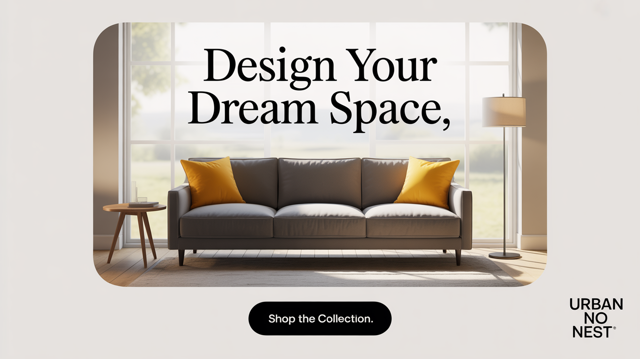 A mockup of a Facebook ad for a furniture company called 'Urban Nest'. It shows a modern grey sofa and coffee table with the text 'Design Your Dream Space' and a 'Shop The Collection' button.