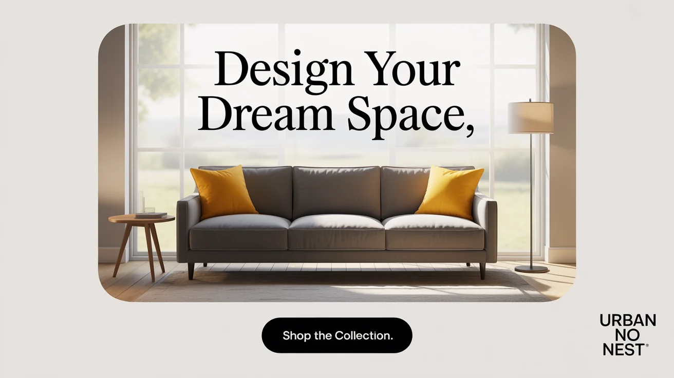 A mockup of a Facebook ad for a furniture company called 'Urban Nest'. It shows a modern grey sofa and coffee table with the text 'Design Your Dream Space' and a 'Shop The Collection' button.