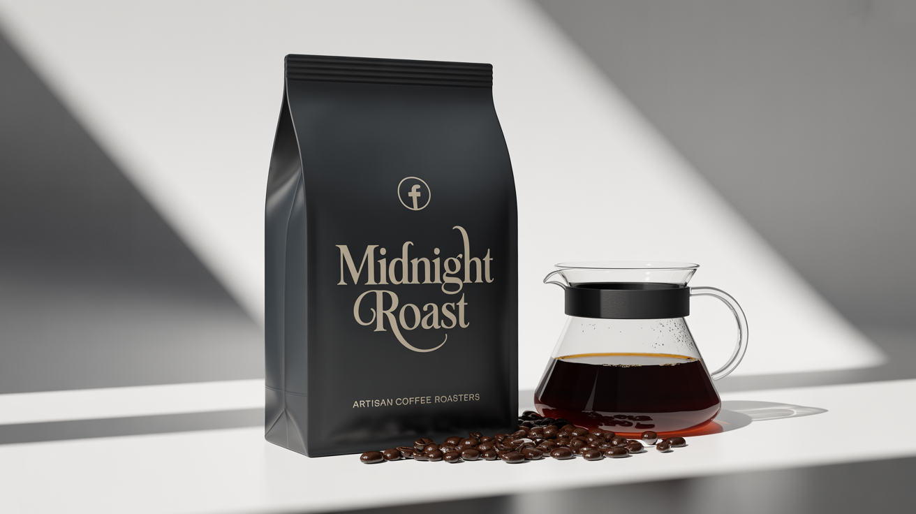 A mockup of a Facebook ad for a luxury coffee brand named 'Midnight Roast', showing a matte black coffee bag with gold text next to a glass pour-over coffee maker, all set against a clean white background.
