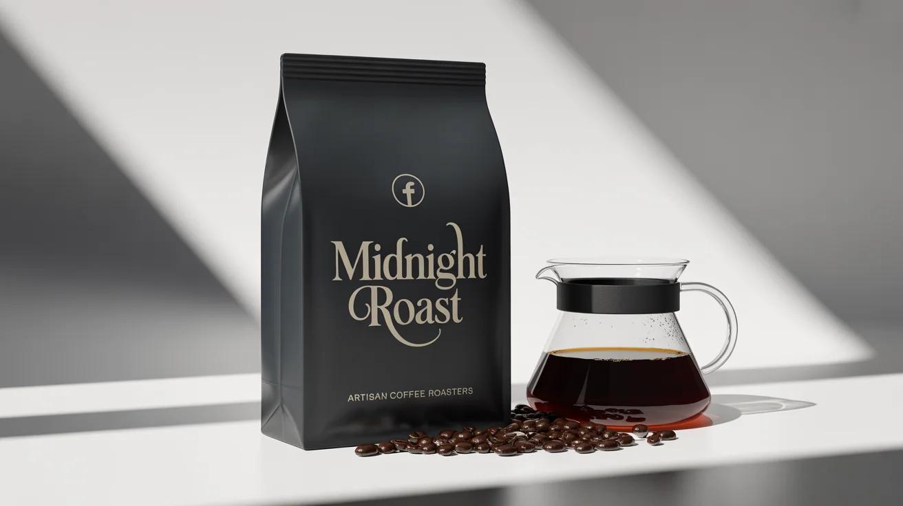A mockup of a Facebook ad for a luxury coffee brand named 'Midnight Roast', showing a matte black coffee bag with gold text next to a glass pour-over coffee maker, all set against a clean white background.