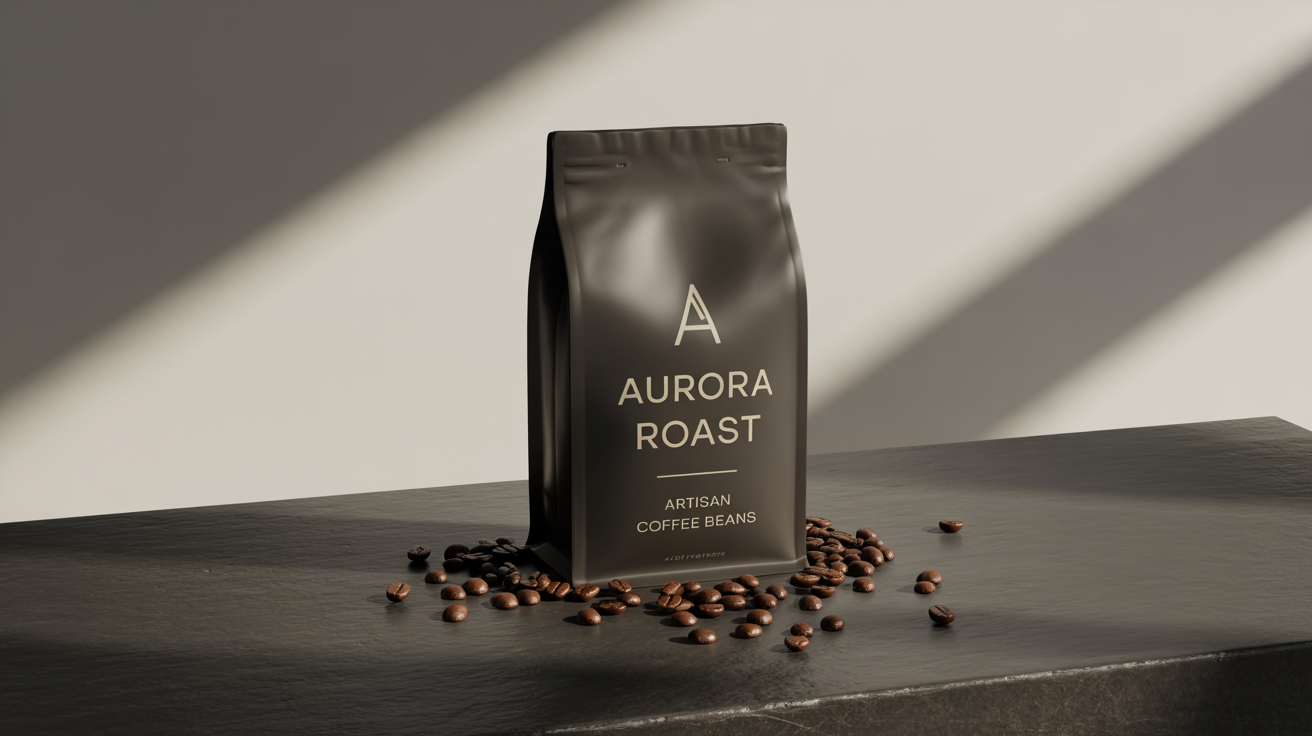 A mockup of a Facebook ad for a luxury coffee brand, showing a matte black coffee bag with gold text reading 'AURORA ROAST' on a dark slate surface against a clean white background.