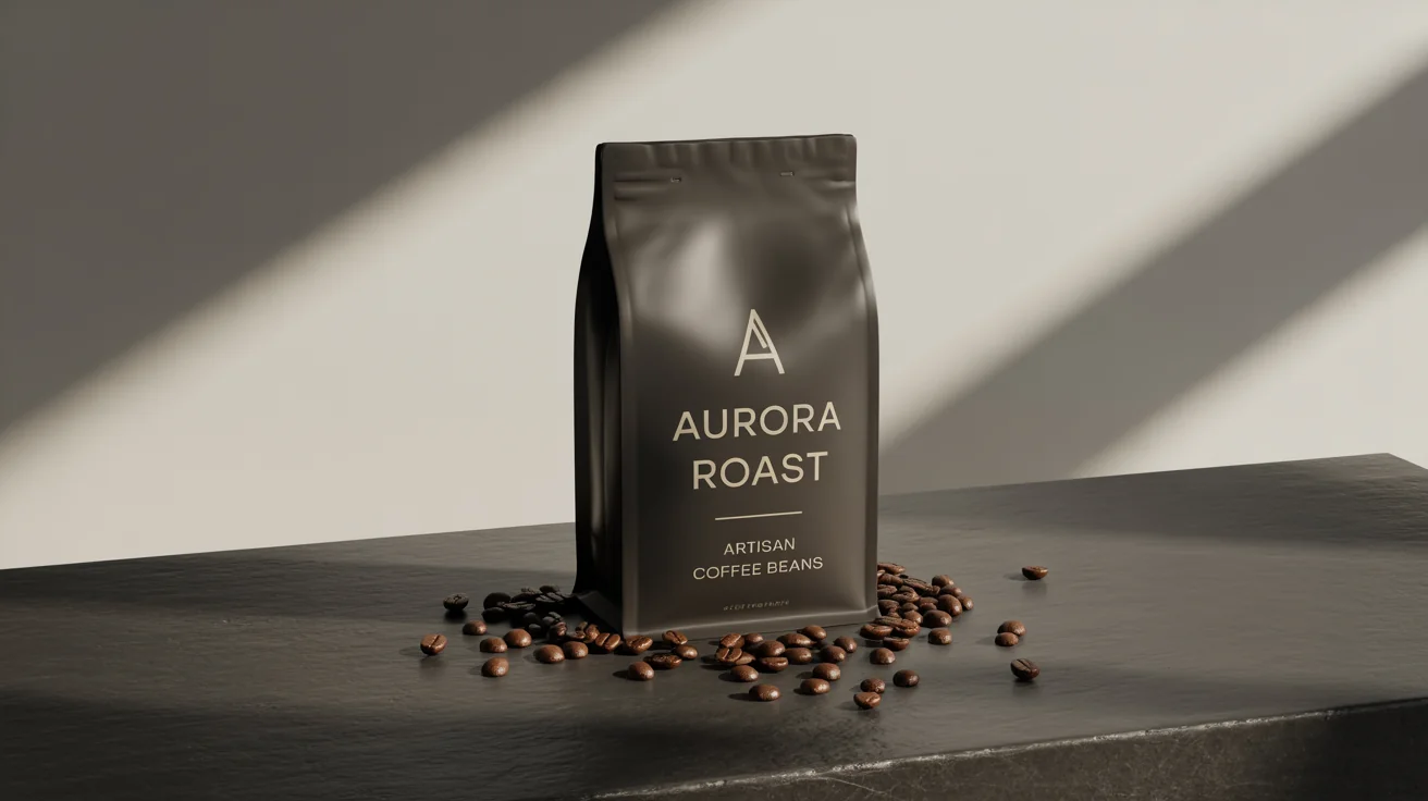 A mockup of a Facebook ad for a luxury coffee brand, showing a matte black coffee bag with gold text reading 'AURORA ROAST' on a dark slate surface against a clean white background.