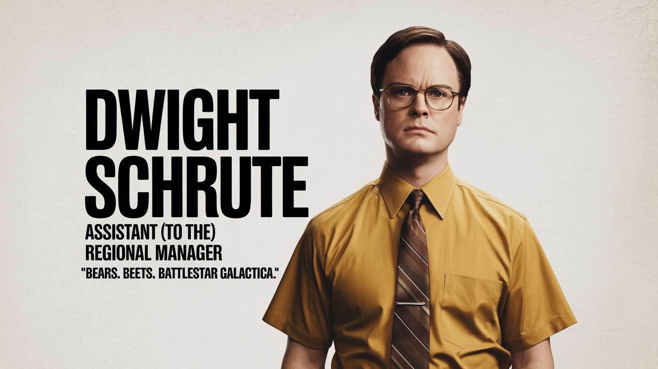 A modern character poster of Dwight Schrute from The Office, featuring his photo and the text 'DWIGHT SCHRUTE', 'ASSISTANT (to the) REGIONAL MANAGER', and 'Bears. Beets. Battlestar Galactica.'