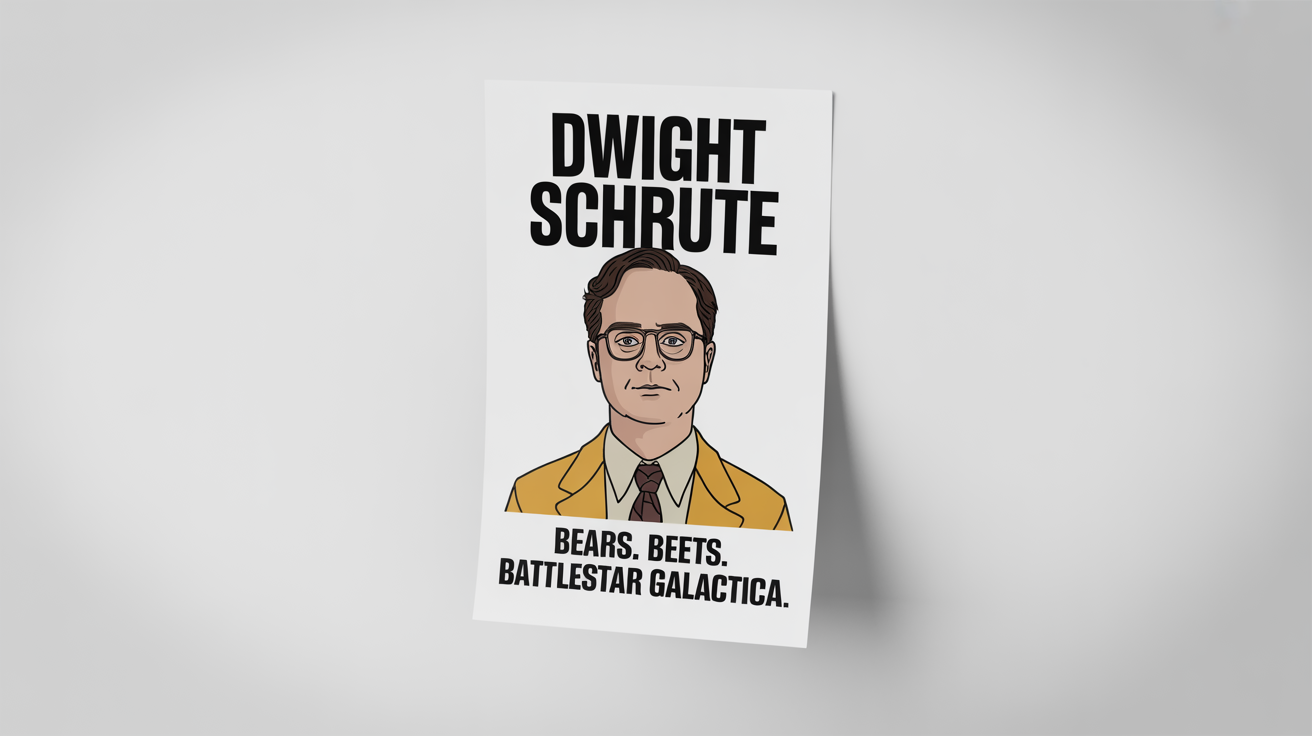 A product mockup of a minimalist poster of the character Dwight Schrute from 'The Office', featuring his illustration and the quote 'Bears. Beets. Battlestar Galactica.' against a white background.